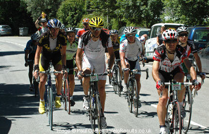 Paul's group at the start of the climb to l'Alpe D'Huez, and the end of the Marmotte.